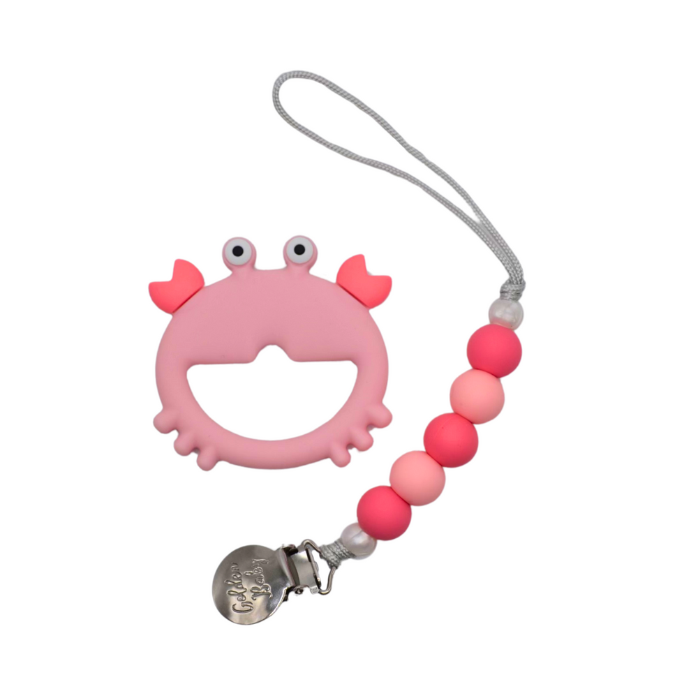 Crab Teether & Pacifier Clip Set // Pink