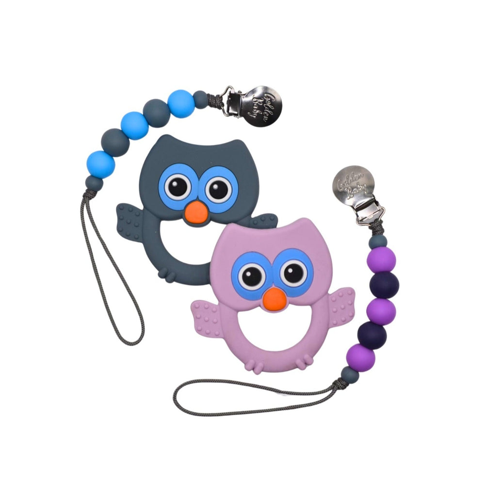 Owl Teether & Pacifier Clip Set // Grey