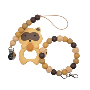 Raccoon Teether & Pacifier Clip Set // Brown