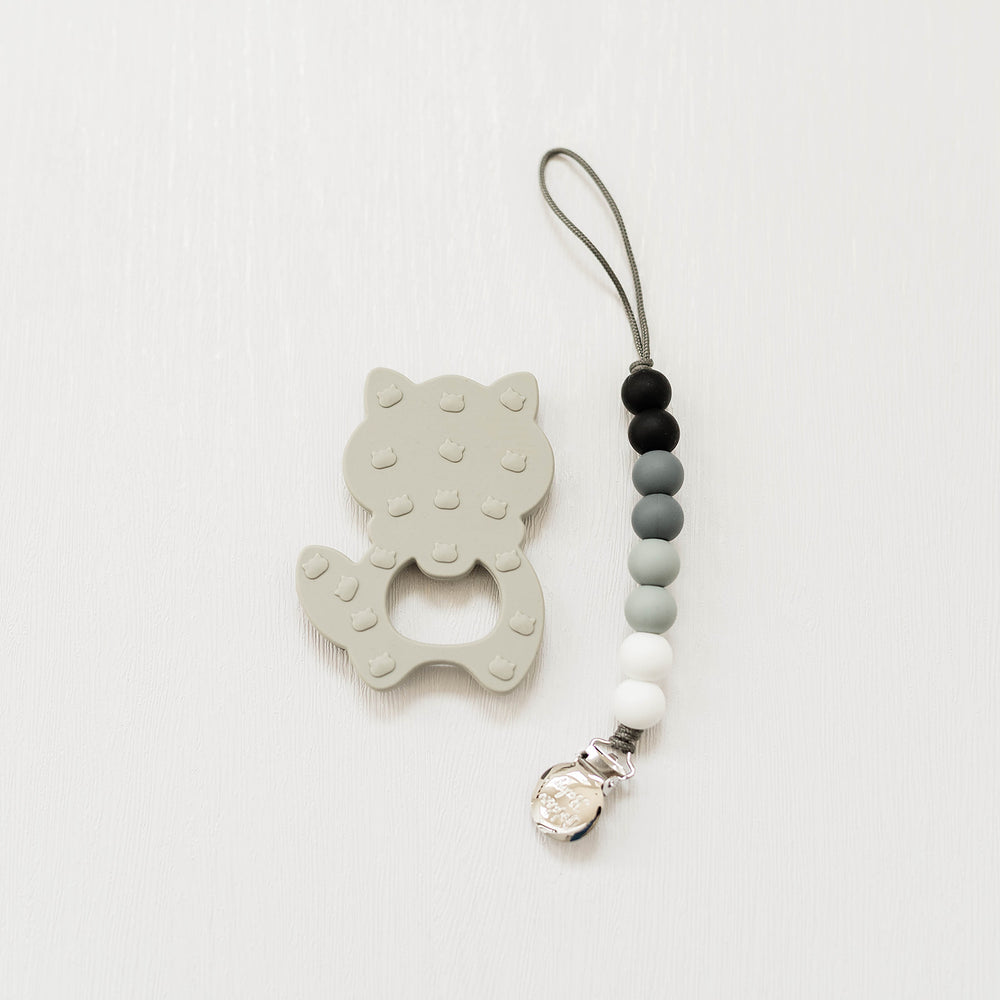 Raccoon Teether & Pacifier Clip Set // Gray