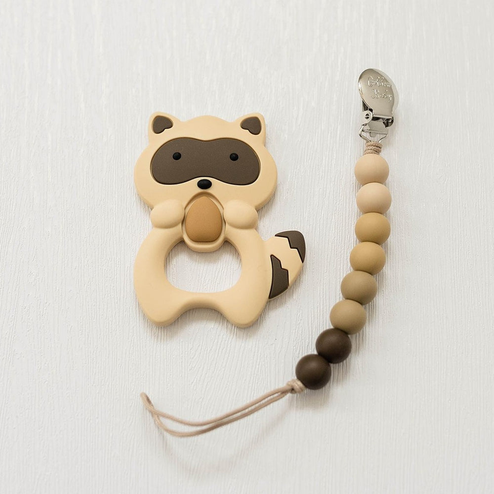 Raccoon Teether & Pacifier Clip Set // Brown