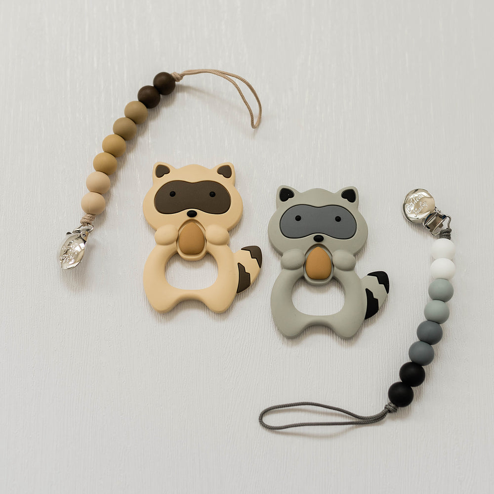 Raccoon Teether & Pacifier Clip Set // Gray