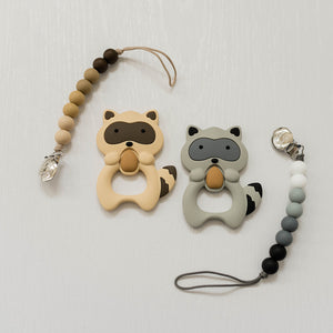 Raccoon Teether & Pacifier Clip Set // Brown