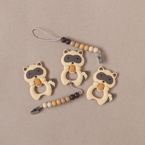 Raccoon Teether & Pacifier Clip Set // Brown